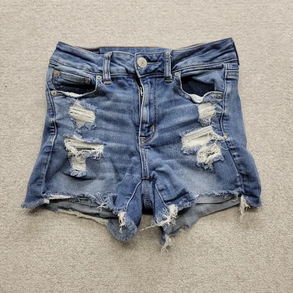 American Eagle Women Size 4 Hi Rise Shortie Distressed Denim Jean Shorts Stretch
